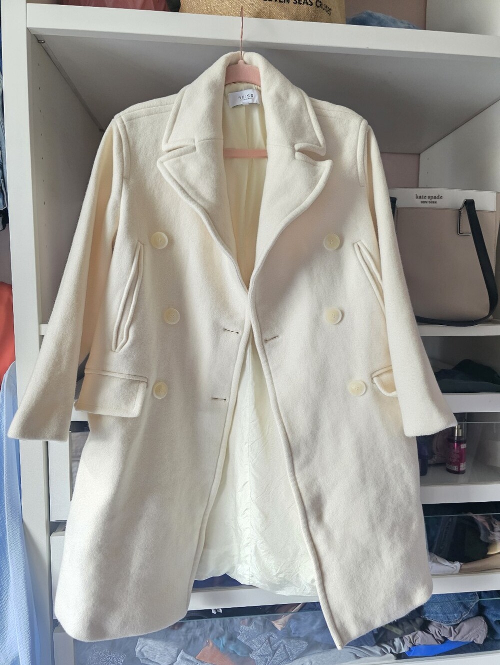 Reiss Cream Double-Breasted Wool / CashmerePea Coat - Picture 16 of 16